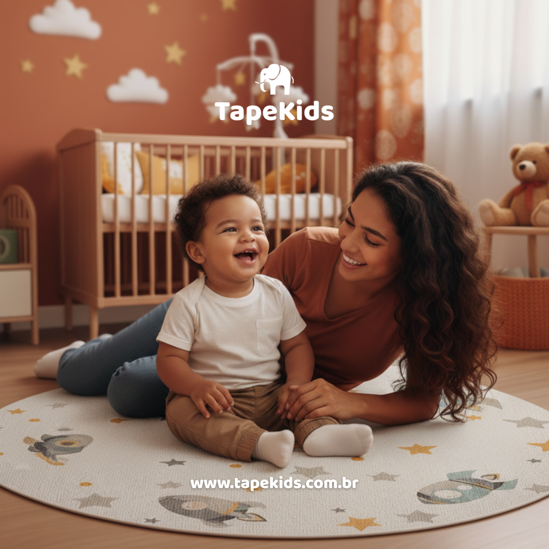 Imagem de mãe e filho brincando em tapete infantil da TapeKids, com estrelas e foguetes, criando um ambiente acolhedor e educativo
