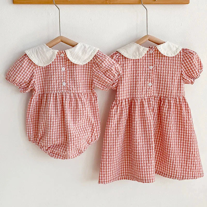 Body/Vestido Infantil Xadrez Coral