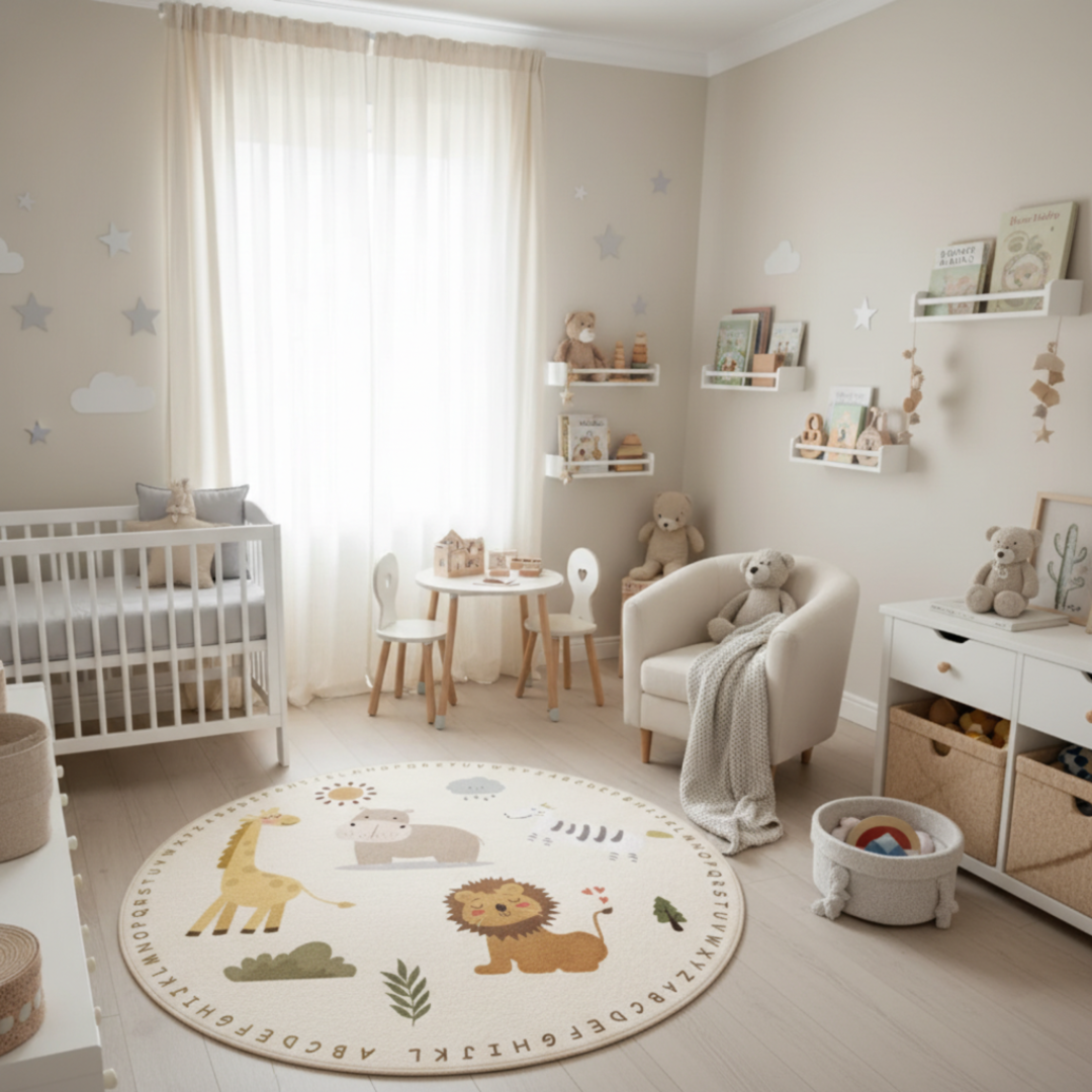 Foto do tapete antiderrapante redondo ABC dos animais no quarto infantil