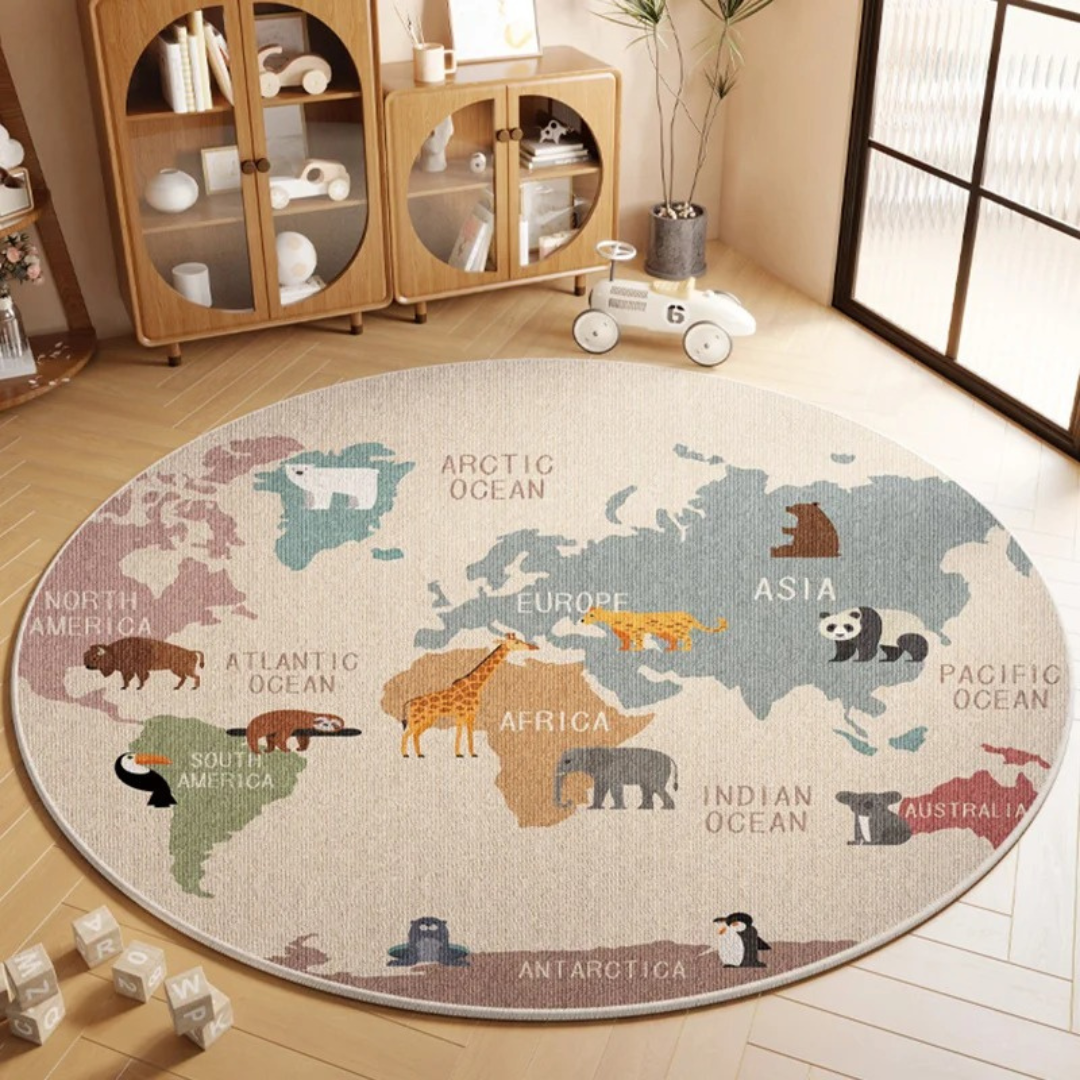 Tapete Infantil Mapa-múndi - Tapete educativo com design de mapa-múndi, antiderrapante e antialérgico para quarto infantil