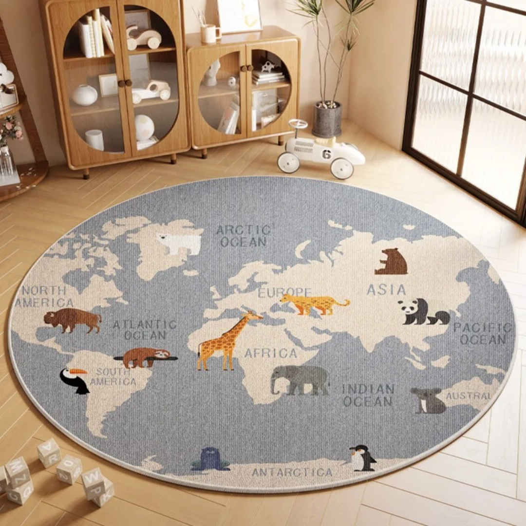 Tapete Infantil Mapa-múndi modelo 2 - Tapete educativo com design de mapa-múndi, antiderrapante e antialérgico para quarto infantil